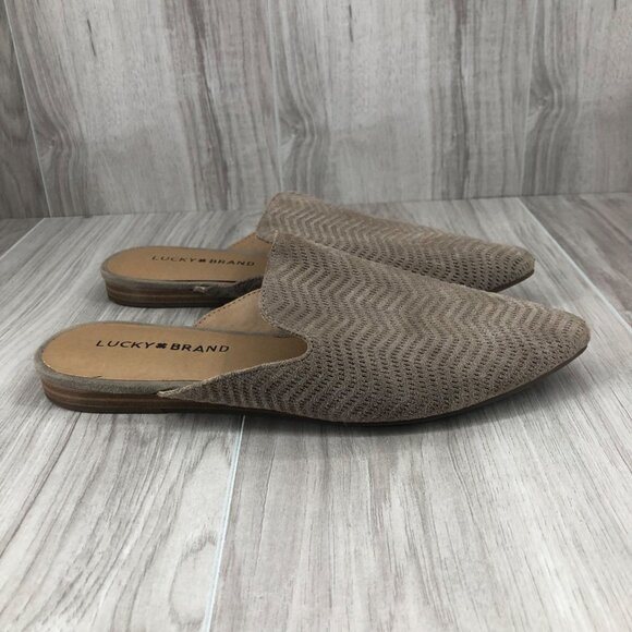 Lucky Brand Mule Flats Womens 6.5M Brynnuh Taupe Suede Slip On Shoes - Picture 1 of 11